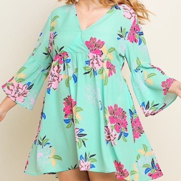 Umgee Plus Mint Floral Keyhole Back Babydoll Dress - Picture 5 of 6